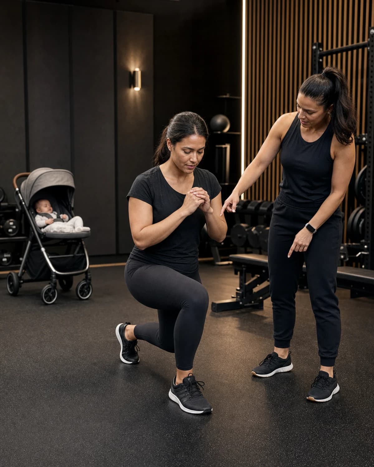 A trainer supports a mother's gradual return to strength training