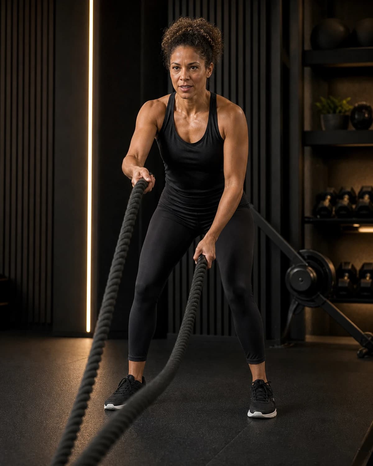 A woman builds strength and stamina with a battle-rope workout