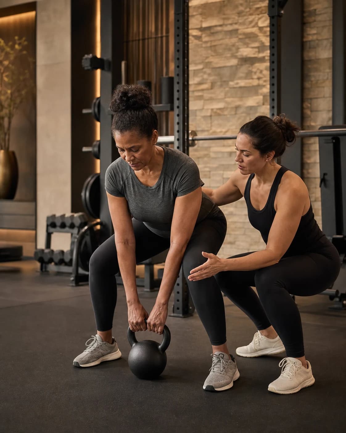 A personal trainer coaches an adult client through a controlled kettlebell movement